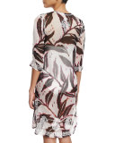 Embroidered-Front Printed Mid-Length Tunic Coverup