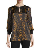 Kelsey Leopard-Print Split-Neck Blouse, Black/Multi