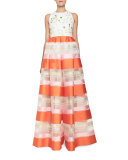 Striped Organza Sleeveless Jumpsuit, Orange Pattern