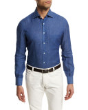Mini Diamond-Print Linen Sport Shirt, Blue