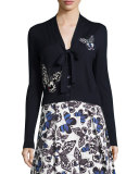 Butterfly-Appliqué Tie-Neck Cardigan, Navy