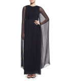 Plisse Cape-Back Column Gown, Navy/Black