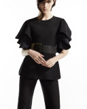 Ruffled Short-Sleeve Peplum Blouse, Black