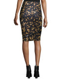 Printed Zip Contour Skirt, Black