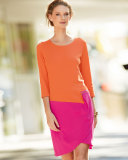 3/4-Sleeve Colorblock Dress, Fuchsia/Coral  