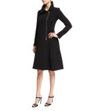 Long-Sleeve Asymmetric-Zip Coat Dress, Black