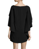 Talene Cascade-Sleeve Crepe Dress, Black