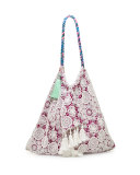 Sunset Crochet-Trim Tassel Beach Bag, Pomegranate 