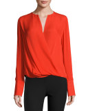 Max Long-Sleeve Silk Blouse, Fiery Red