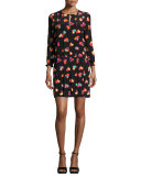 Split-Neck Heart-Print Crepe Shift Dress, Black