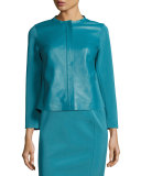 Lightweight Bracelet-Sleeve Lambskin Combo Jacket, Turquoise