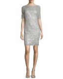 Half-Sleeve Sequined-Lace Dress, Platinum