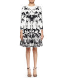 3/4-Sleeve Floral-Print Fit-&-Flare Dress, Off White/Black