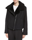Shearling Fur-Lined Moto Jacket, Black
