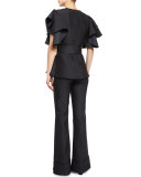 Ruffled Short-Sleeve Peplum Blouse, Black