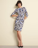 Butterfly-Print Half-Sleeve Dress, Black/White