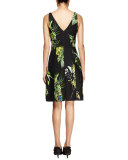 Sleeveless Floral-Print Sheath Dress, Black/Green/Chartreuse