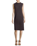 Sleeveless Funnel-Neck Wool Sheath Dress, Clove