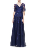 Short-Sleeve V-Neck Beaded Gown, Royal
