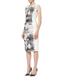 Sleeveless Floral Sheath Dress, Black/White
