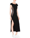 Cap-Sleeve Ballet Dress W/Mesh Insets, Black/Brown