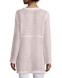 Long-Sleeve Button-Front Linen Mesh Top, Opal