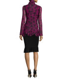 Lace-Print Ruffled Peplum Top, Fuchsia