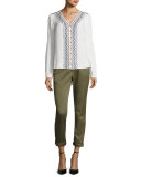 Dream Long-Sleeve Embroidered Silk Blouse, Off White