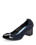 Nubuck Cube-Heel Cap-Toe Pump, Dark Blue/Black