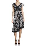 Cap-Sleeve Asymmetric Floral Lace Dress, Black/Silver