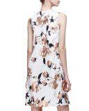 Sleeveless Metallic-Floral A-Line Dress, Copper