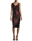 Sleeveless V-Neck Floral Sheath Dress, Red/Black