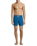 Double Chicane-Print Retro Swim Trunks, Blue
