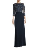 3/4-Sleeve Lace-Bodice Gown, Black/Nude