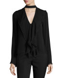 Frill Lace-Trim Cutout Silk Blouse