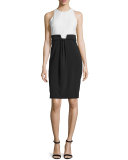 Sleeveless Draped-Front Colorblock Dress, Navy/Ivory