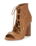 Cordelia Lace-Up Open-Toe Chunky-Heel Bootie, Whiskey
