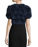 Rosette Patchwork Rabbit Fur Bolero, Navy