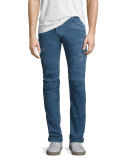 Distressed Twill Moto Slim-Straight Jeans, Light Blue