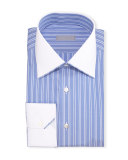 Contrast-Collar Bold-Stripe Dress Shirt, Blue