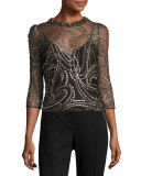 Glitter Tulle 3/4-Sleeve Top, Black