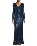 V-Neck Sequined Long-Sleeve Column Gown