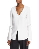 Bell-Sleeve Split-Hem Blouse, White