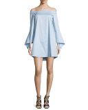 Off-the-Shoulder Poplin Shift Dress, Morning Blue