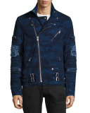 Distressed Camo Moto Jacket, Indigo