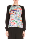 Raglan-Sleeve Printed-Front Sweater, Rainbow Cloud