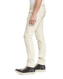 Destroyed Stretch Biker Denim Jeans, Sand