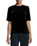 Half-Sleeve Jewel-Neck Velvet Tee, Coastal Blue