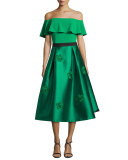 Off-the-Shoulder Crepe Popover Top, Emerald