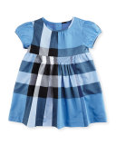 Judie Cap-Sleeve Smocked Check Shift Dress, Blue, Size 12M-3